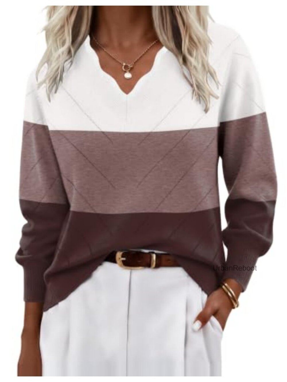 V Neck Color Block Knit Pullover Sweater Lightweight Long Sleeve